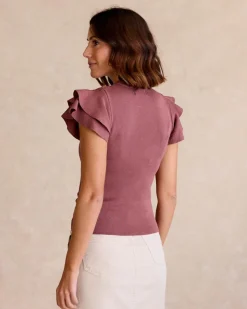 Haut à volants en maille mauve
